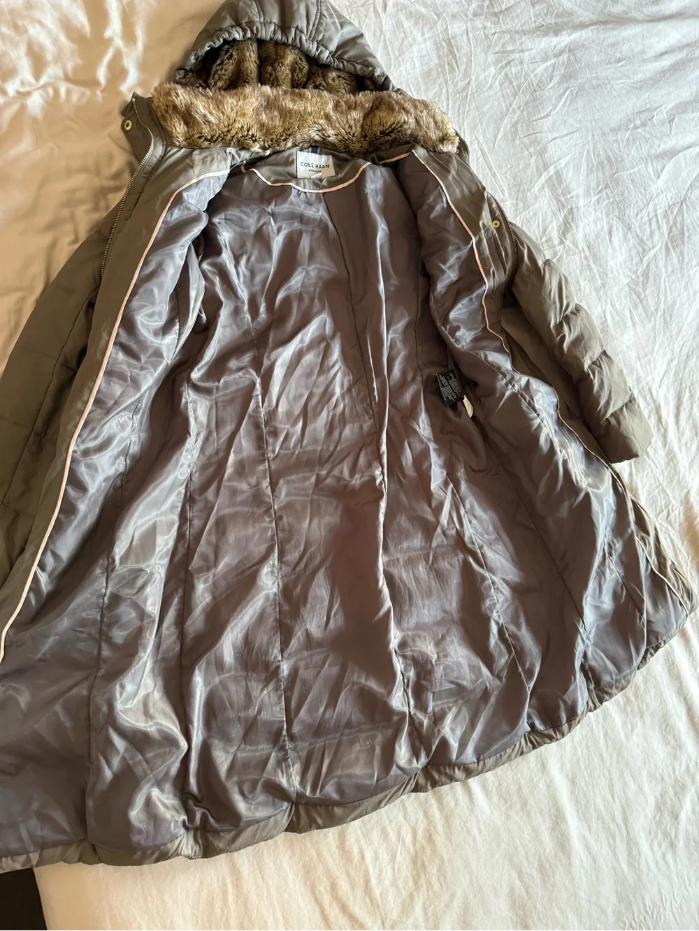 Cole Haan Signature Hooded Belted Down Puffer Long Coat Taupe Brown, Small